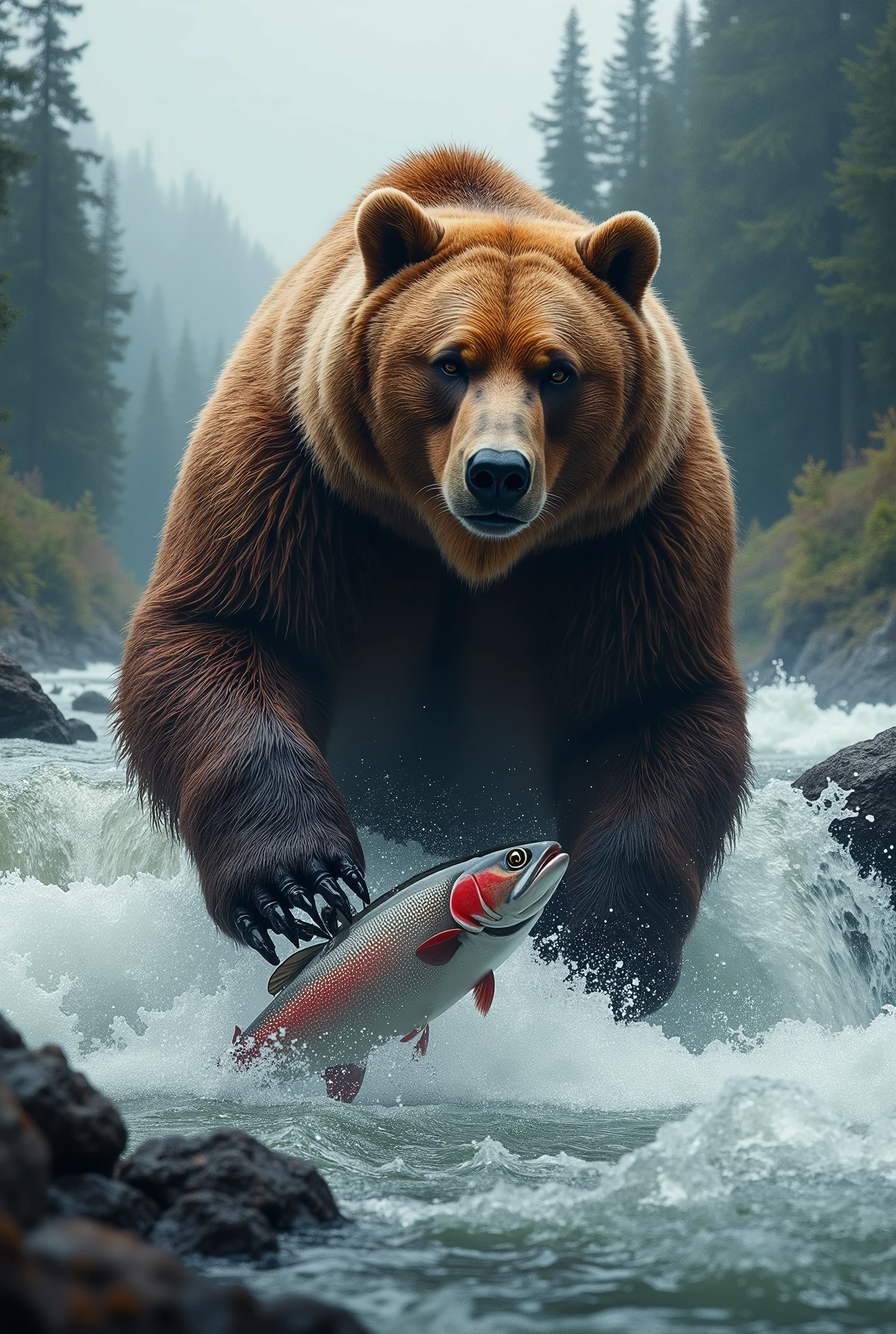 A large brown bear standing in rapids of a rushing river, grabbing salmon out of the water with it's claws, in coniferous forest, mist