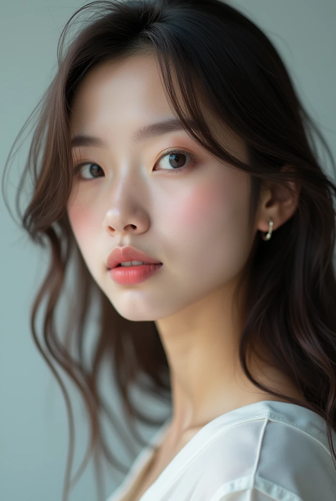 a close-up of a woman with long hair and a white shirt, 1 8 son, 18 years, 19 year old girl, chen xintong, korean girl, Xision Wu, heonhwa choe, 22 years, 21 years, ulzzang, Wenfei Ye, Young cute pale asian face, Lips