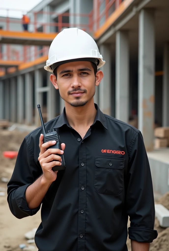 Crate a HSE Manager image White helmet and walki talki and shirt pocket ENGRO Logo fix age 22 year And shirt color black
