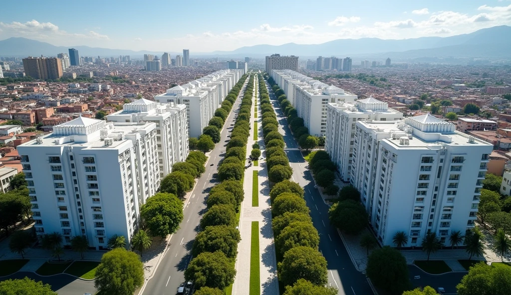 **Description for the image:**
- **vista**: Aerial.
- **FORMAT**: 16:9.
- **Location**: Main avenue of the city of Arequip - **buildings**: Two rows of residential buildings, located on both sides of the avenue. There are 4 buildings on the left side and 4 on the right side..
- **Design of buildings**: Each building has a unique and varied architectural design., all white.
- **Height**: Each building is approximately 120 meters high and has around 28 floors..
- **Trees and path**: Includes trees along the avenue and on the central path.
--- This description should help generate a detailed aerial image of the avenue with the desired buildings and landscape..