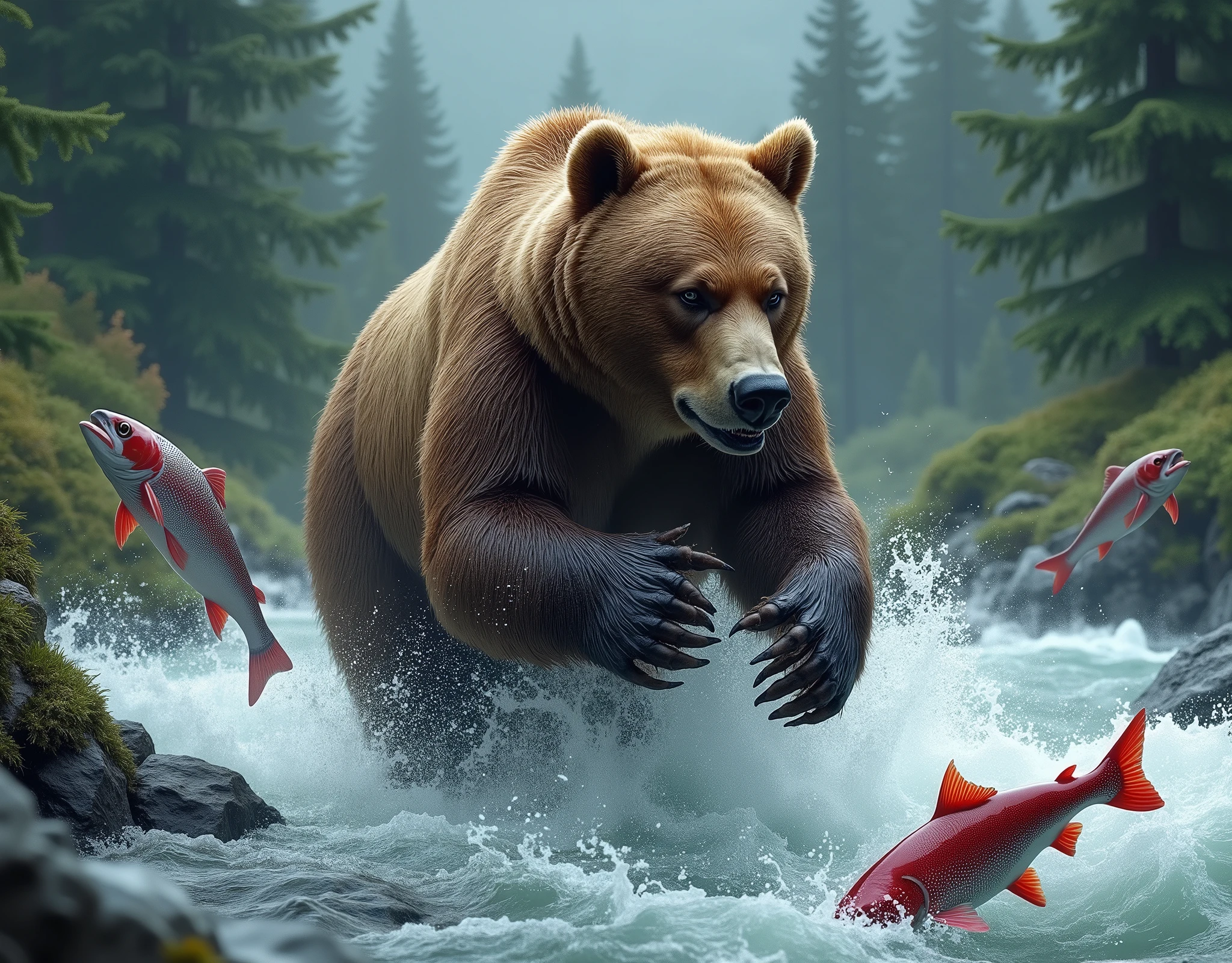 A large brown bear standing in rapids of a rushing river, grabbing salmon out of the water with it's claws, in coniferous forest, salmon jumping out of water, mist