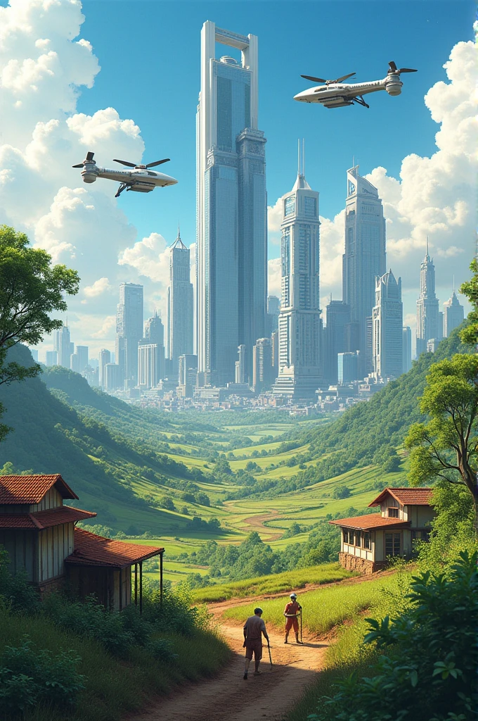 Make a drawing with a modern city with tractors and the other with the workers with hoe