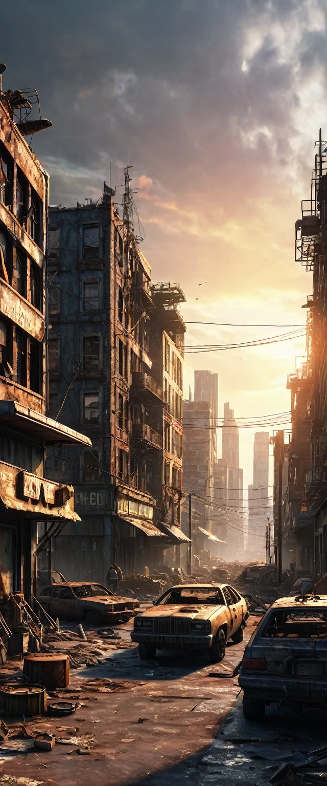 Sunset city post apocalyptic, photorealistic, detailed, 8k uhd
