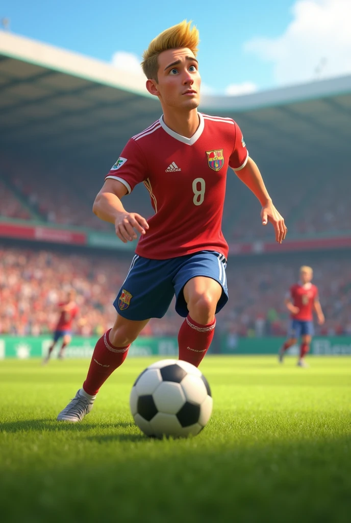 A 3D Disney Pixar-style animation image showing a soccer player in a game about to pass, quiffed blond hair, Caucasian male