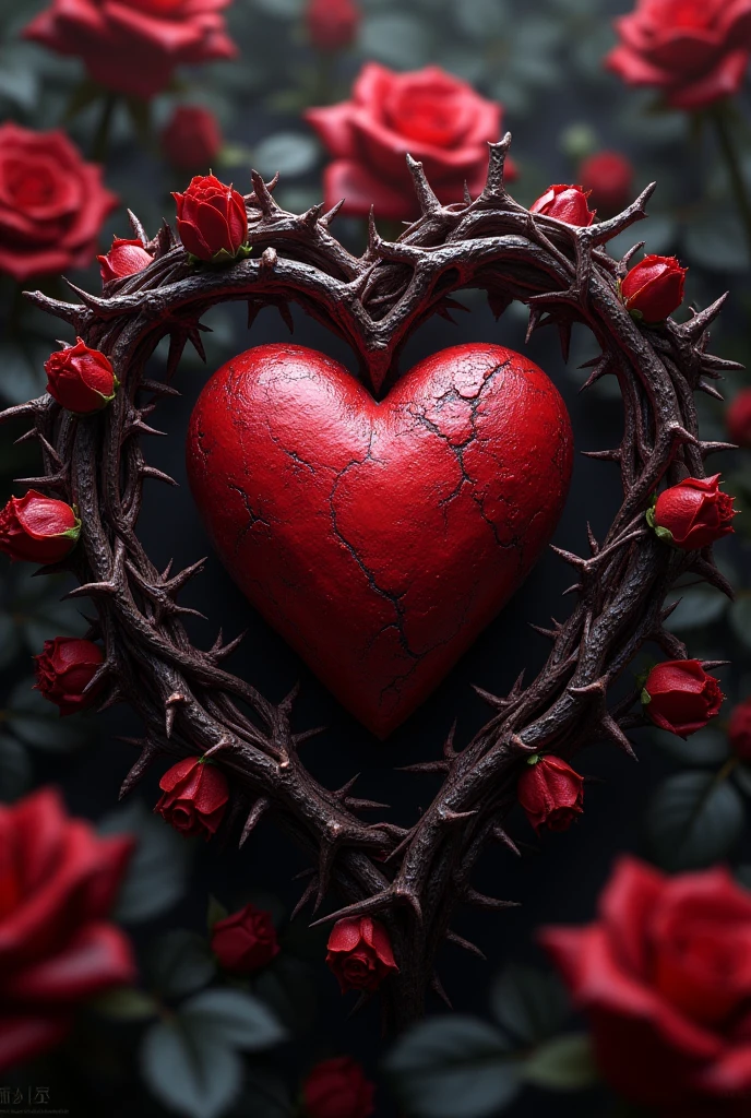 Royal heart surrounded by thorny roses with blood