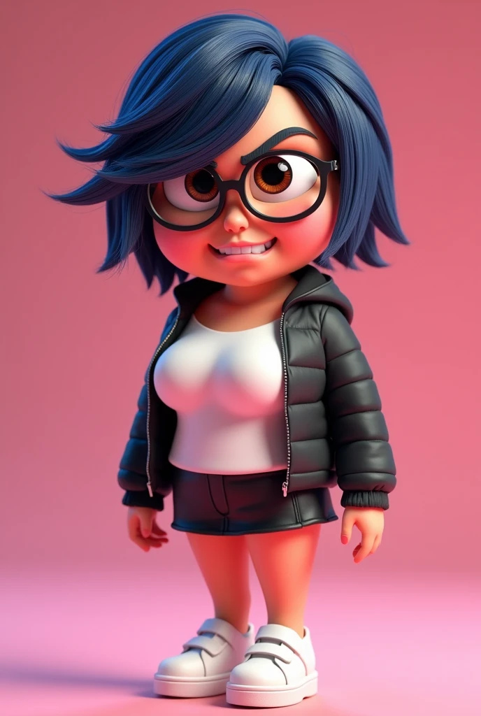 Personagem cartoon 3d de (Female One,  medium  , short, kind of thick legs) from the movie Inside Out Disney Pixar style, with the skin
(Pink), eyeballs (light brown s), body hair (body hair curto preto),
(wearing glasses, white blouse, Black jacke, short leather skirt, white platform shoe). expression of (smiling angrily) in the face