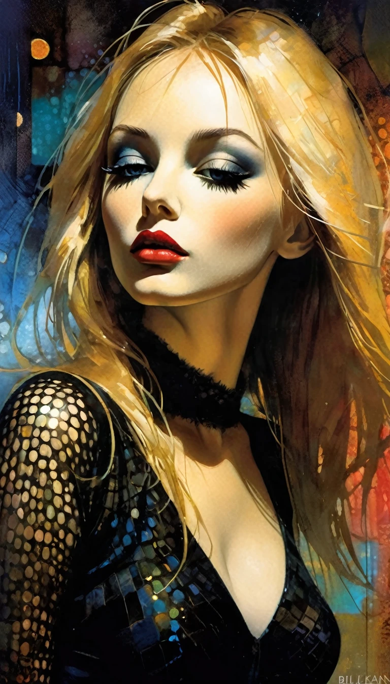 very sexy girl, black tight dress, blonde long hair, at the disco, dances, has fun, eroticism, sexy, (best quality, 4k, 8k, high resolution, masterpiece: 1.2), ultra-detailed, (realistic, photorealistic, photorealistic: 1.37), details intricate, vivid colors, sharp focus, professional, Dave McKean artwork, surrealism oil touch, oil painting style, portrait, woman, beautiful detailed eyes, beautiful detailed lips, dreamy atmosphere, shadow play, lighting soft, fun pose, dark tones, ethereal background, fantasy elements, texture, layered composition, disco background, , art inspired by Bill Sienkiewicz and Dave McKean