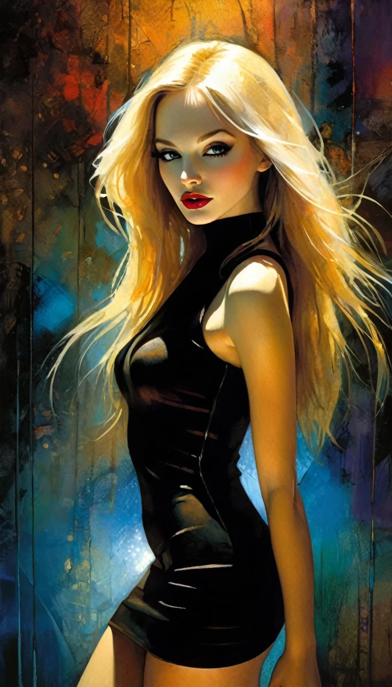 very sexy girl, black tight dress, blonde long hair, at the disco, dances, has fun, eroticism, sexy, (best quality, 4k, 8k, high resolution, masterpiece: 1.2), ultra-detailed, (realistic, photorealistic, photorealistic: 1.37), details intricate, vivid colors, sharp focus, professional, Dave McKean artwork, surrealism oil touch, oil painting style, portrait, woman, beautiful detailed eyes, beautiful detailed lips, dreamy atmosphere, shadow play, lighting soft, fun pose, dark tones, ethereal background, fantasy elements, texture, layered composition, disco background, , art inspired by Bill Sienkiewicz and Dave McKean