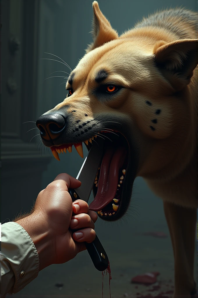 Dog biting a hand with a knife 
