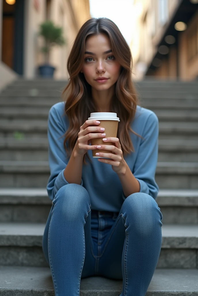 AI generated A woman in a blue blouse and skinny jeans drinks coffee from a paper cup while sitting on the stairs