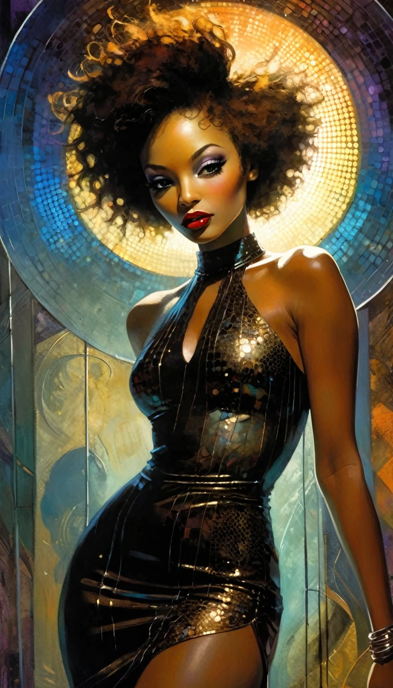very sexy girl, tight dress, black skin, at the disco, dances, has fun, eroticism, sexy, (best quality, 4k, 8k, high resolution, masterpiece: 1.2), ultra-detailed, (realistic, photorealistic, photorealistic: 1.37), details intricate, vivid colors, sharp focus, professional, Dave McKean artwork, surrealism oil touch, oil painting style, portrait, woman, beautiful detailed eyes, beautiful detailed lips, dreamy atmosphere, shadow play, lighting soft, fun pose, dark tones, ethereal background, fantasy elements, texture, layered composition, disco background, , art inspired by Bill Sienkiewicz and Dave McKean