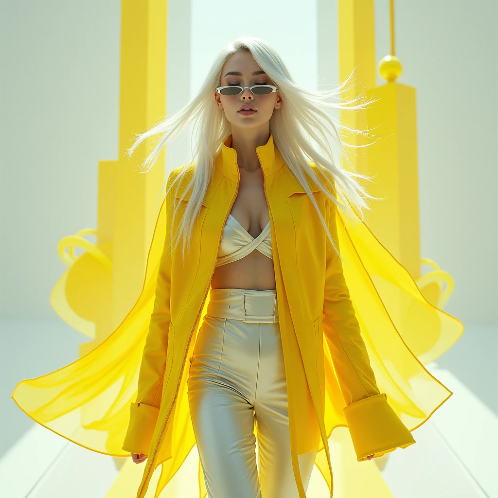 A woman with long white hair,Clothes with modern and structured cuts, lightweight fabrics with a soft sheen. Yellow can be present in bold details, like coats, glasses or metal accessories,Clean style with striking details, like a monochromatic yellow jacket or futuristic boots,Images that mix the real and the abstract, like human silhouettes wrapped in perfect geometries, scenarios that defy gravity or reality. Contemplative poses, eyes closed or looking into infinity, representing introspection,Include subtle textures that hint at scientific elements, like brain wave graphs, Molecules, and diagrams, but with an artistic and stylized approach.