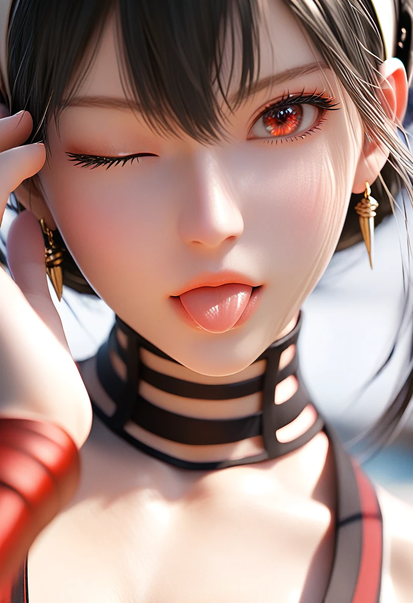 score_9, score_8_up, score_7_up, Girl's profile picture, realistic skin texture, detailed picture, close-up, HD32k, yor briar, black hair, sidelock, white hairband, red eyes, bare shoulders, japanese clothes, sleeveless, choker, sash, armband, ninja,
BREAK
(face focus:1.2), close-up, standing, head tilt,
BREAK
(one eye closed), closed mouth, tongue out, one clenched hand on own head,
Painstaking Attention To Details,PEAnimeBG,starlight