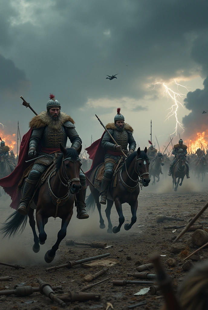 **Photo Scene Prompt for SeaArt.AI with Technical Details: Battlefield with Genghis Khan’s Sons-in-Law**

*Scene Setup:* The image is set on an expansive, rugged battlefield under a dark, stormy sky. The terrain is rough and uneven, littered with the debris of war—broken weapons, shields, and fallen soldiers. The scene is framed to capture the chaos and intensity of battle, with Genghis Khan’s sons-in-law leading the charge at the front lines.

*Composition and Focus:* The central focus of the image is on Genghis Khan’s sons-in-law, each portrayed with fierce determination as they fight amidst the chaos. They are positioned at the forefront, surrounded by a swirl of battle—a mix of charging cavalry, clashing swords, and flying arrows. The composition should have a dynamic diagonal layout, with the action drawing the viewer’s eye across the image, emphasizing the forward momentum of the battle.

*Character Details:* The sons-in-law are depicted in traditional Mongol armor, adorned with intricate designs and fur accents. Their faces are intense and determined, showing the strain and focus required to lead in such a dangerous situation. Their armor is battered from the ongoing fight, with visible dents and scratches, adding to the realism. They wield a mix of weapons, such as swords and spears, actively engaging the enemy in close combat.

*Lighting and Mood:* The lighting is dramatic, with sharp contrasts between light and shadow, emphasizing the intensity of the battle. Bright flashes from lightning in the stormy sky occasionally illuminate the scene, highlighting the desperation and chaos of the fight. The mood is tense and urgent, capturing the life-or-death stakes of the battlefield.

*Background Elements:* In the background, the vast expanse of the battlefield stretches out, with other soldiers locked in combat, some on horseback, others on foot. Distant fires and plumes of smoke rise into the sky, adding to the sense of destruction and turmoil. The horizon is ob