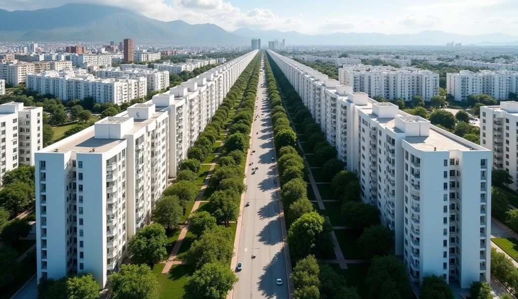 **Description for the image:**
- **vista**: Aerial.
- **FORMAT**: 16:9.
- **Location**: Main avenue of the city of Arequip - **buildings**: Two rows of residential buildings, located on both sides of the avenue. There are 4 buildings on the left side and 4 on the right side..
- **Design of buildings**: Each building has a unique and varied architectural design., all white.
- **Height**: Each building is approximately 120 meters high and has around 28 floors..
- **Trees and path**: Includes trees along the avenue and on the central path.
--- This description should help generate a detailed aerial image of the avenue with the desired buildings and landscape..
