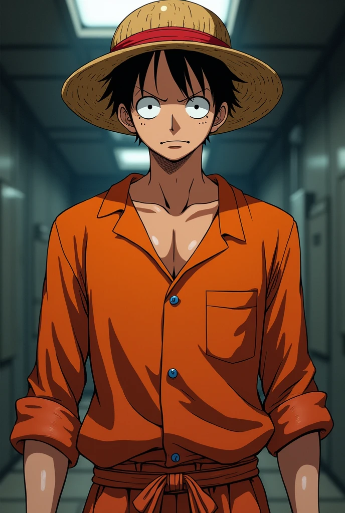 Monkey D. Luffy in orange long-sleeved prison uniform with white flannel
