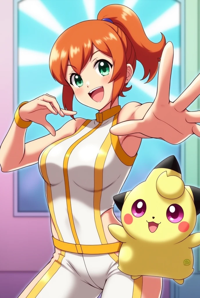 Draw Misty from Pokémon in anime version as a pop star dancing with a microphone in her hand, green eyes and a radiant smile, surrounded by a background with pastel colors. Her hair is short orange tied into a ponytail ,Her bangs are divine in three parts.

Let your clothes be white with yellow.
Make a heart with your fingers .

Draw jigglypuff 