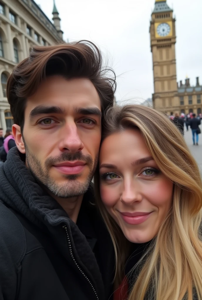 Photo of a couple in London taking a selfie, he is dark-haired with brown eyes, 3, she is blonde, green eyes, very long hair, 8k ultra realistic 