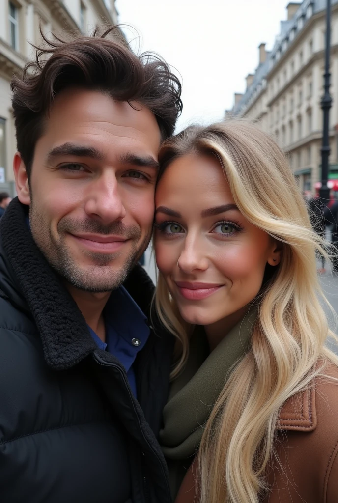 Photo of a couple in London taking a selfie, he is dark-haired with brown eyes, 3, she is blonde, green eyes, very long hair, 8k ultra realistic