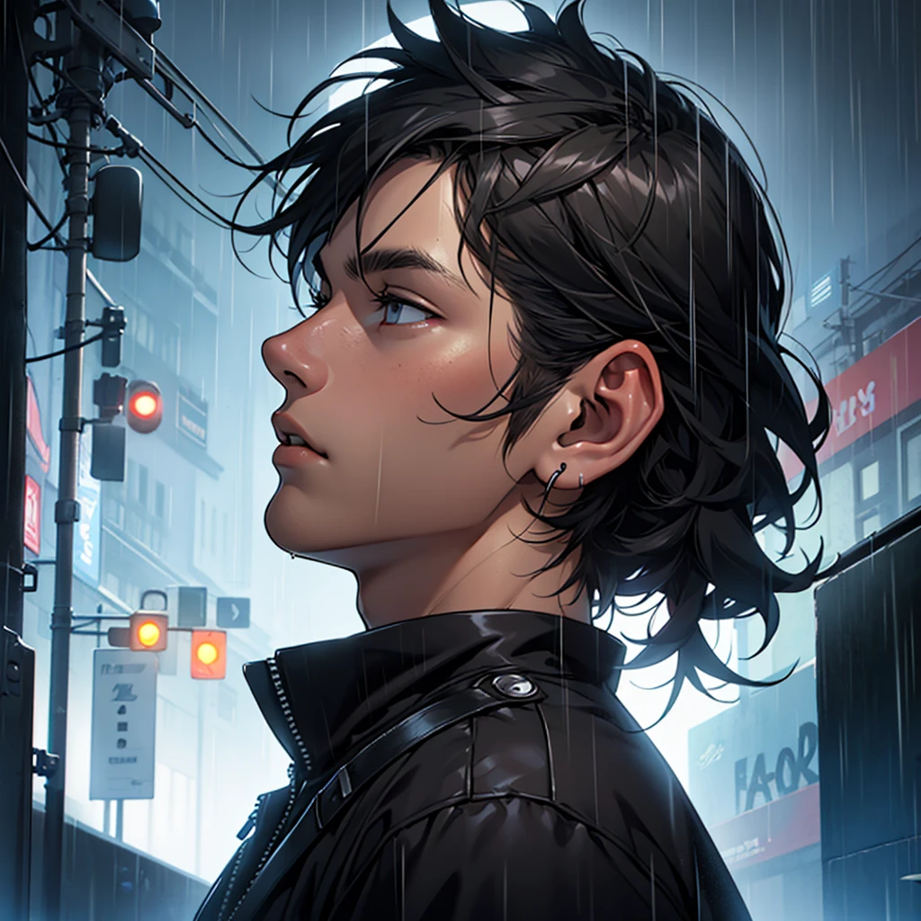 Create an avatar of a guy listening to music in the rain with a black background, side view