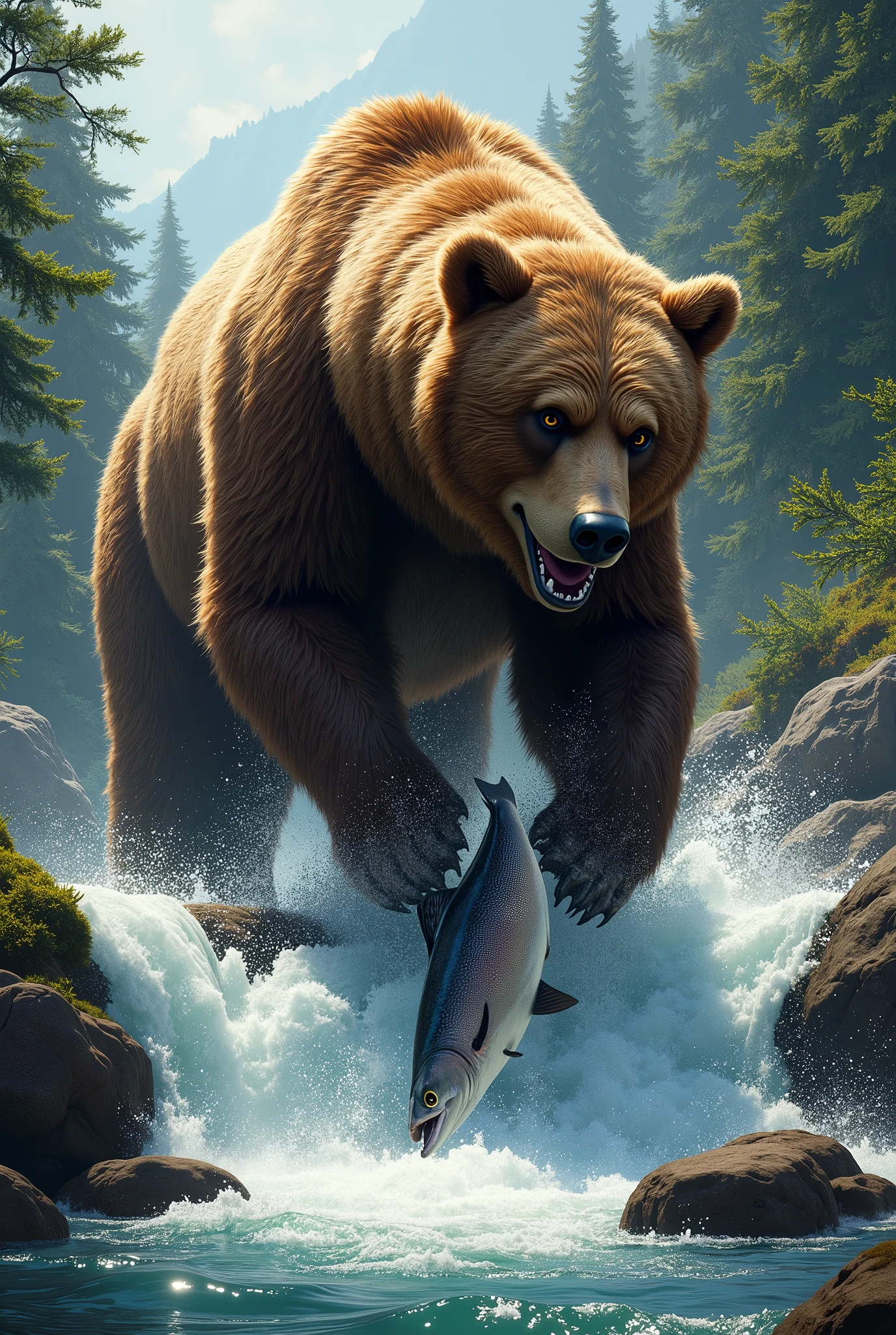 A large brown bear standing above a small waterfall in a rushing river, grabbing salmon out of the water with it's claws, in coniferous forest