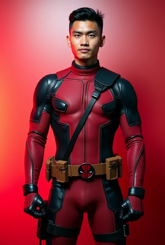 Realistic photo, an adult male with an Indonesian face, 30 years old, clean face, handsome, neat short undercut black hair,wearing a Deadpool superhero costume without a mask,Standing pose facing forward and
Wall Red white gradation background, professional photography, Hyperrealistic,Best quality, very detailed