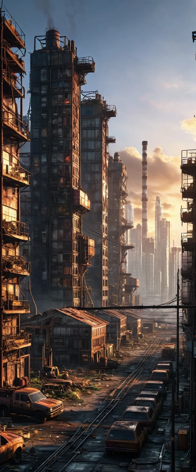 Sunset city, factories in foreground, skyscrapers, post apocalyptic, photorealistic, detailed, 8k uhd