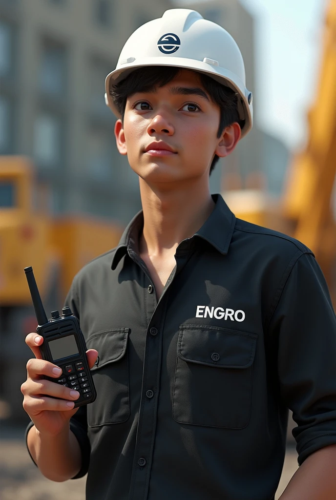 Crate a HSE Manager image White helmet and walki talki and shirt pocket ENGRO Logo fix age 22 year And shirt color black And helmet logo fixed
