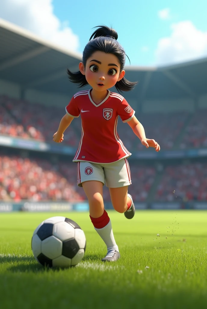 A 3D Disney Pixar-style animation image showing a soccer player in a game about to pass, dark short to mid length hair in a bun, Caucasian female