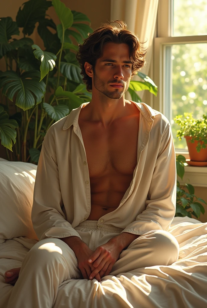 (photorealism:1.2), beautiful man, sitting on bed, wearing loose off-shoulder top, pajama pants, indoors, soft lighting, plants in background, window with sunlight, cozy room, relaxed pose, realistic, intricate details, warm colors, by Greg Rutkowski, by Alphonse Mucha