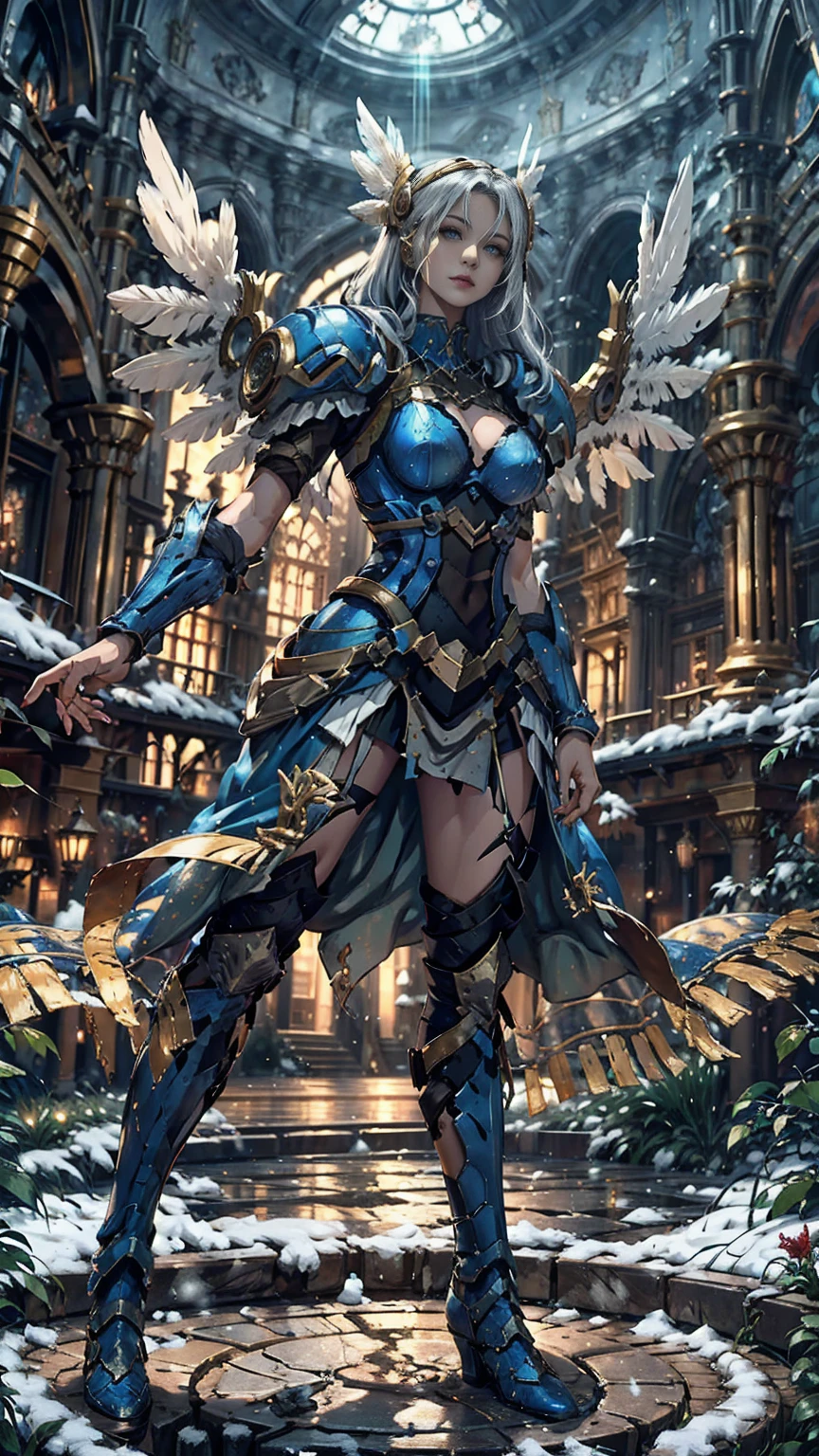 Lenneth from 'Valkyrie profile' hip-length white hair in loose braid, BREAK: bright_gold_trimmed_sapphire_blue_plate mech4rmor, (boob window in armor), thigh cutout, long skirt, BREAK: standing, contrapposto stance, light smile, castle ruins, fluffy snow falls, BREAK: intricately detailed eyes, detailed face, detailed hands, cinematic lighting, moody atmosphere, (16k, absurdres, masterpiece, best quality), wings