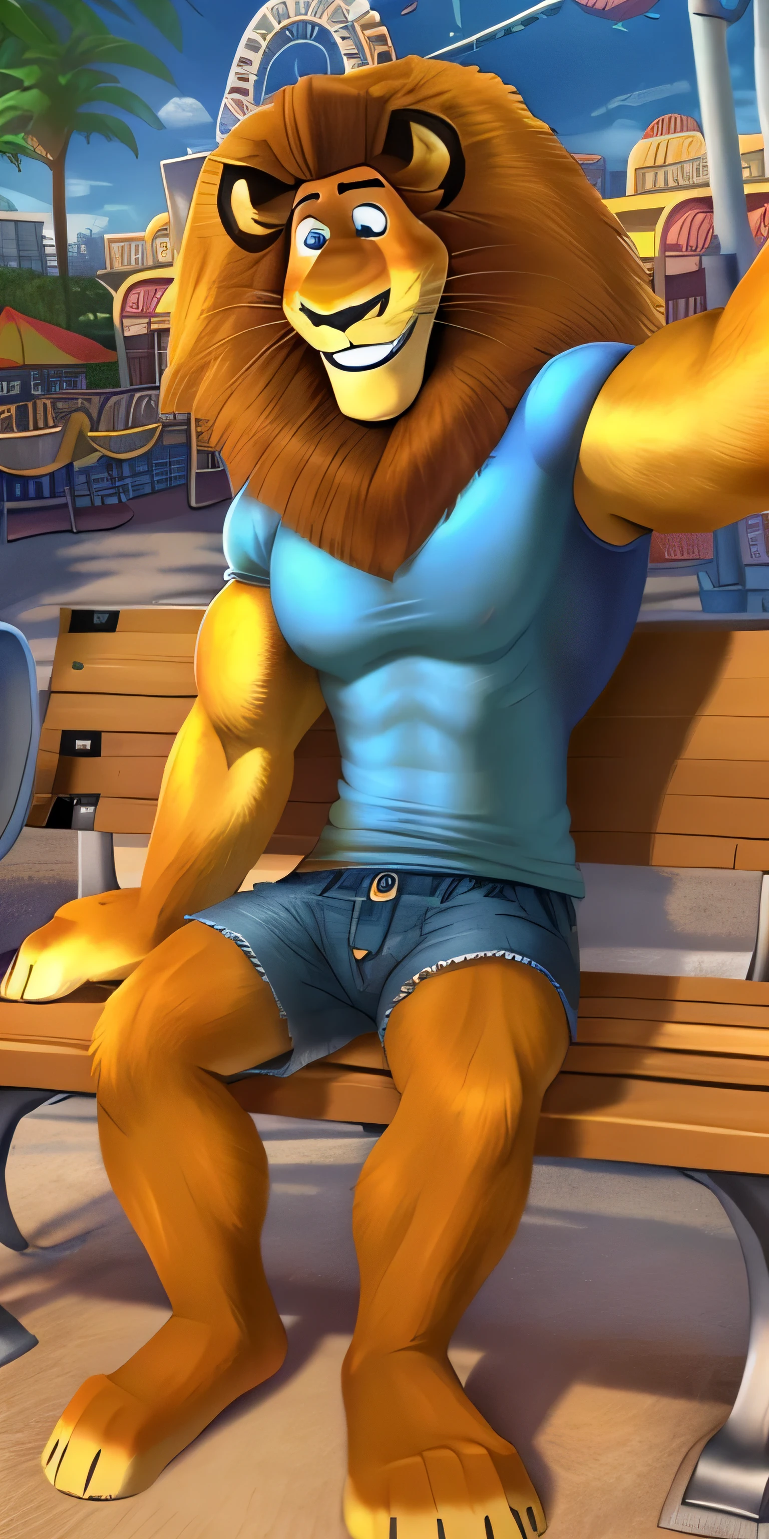 Alex the Lion, muscular body, big biceps, extremely beautiful and cute face, perfectly detailed blue eyes with perfectly detailed black pupils, wears blue t-shirt, denim cargo shorts, bare feet, selfie, amusement park background, sitting on the bench, cute smile, timidly and shyly look