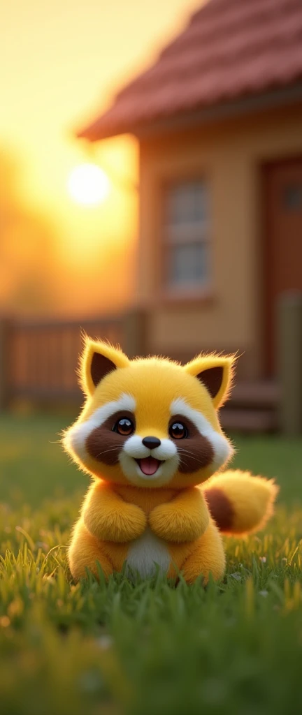 A charming 3D render of an anthropomorphic fluffy baby raccoon, resembling Pikachu, sitting happily in front of a house. The baby raccoon is growling playfully, with adorable round eyes and soft fur. The background showcases a serene setting with lush green grass and a warm sunset. The image was captured using a Sony a7R IV camera with the EE 70mm lens, and it was taken from a side view, utilizing the golden ratio lighting. The 8K resolution and soft focus create a visually stunning and immersive poster-worthy photograph., 3d render, photo, poster
