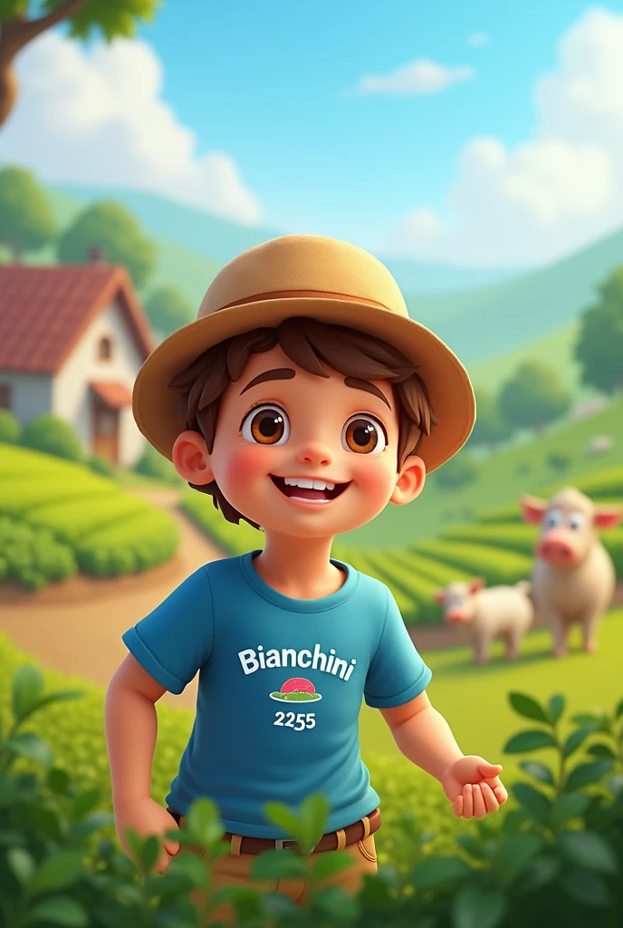 A happy child farmer wearing a blue t-shirt with the word Bianchini 22555