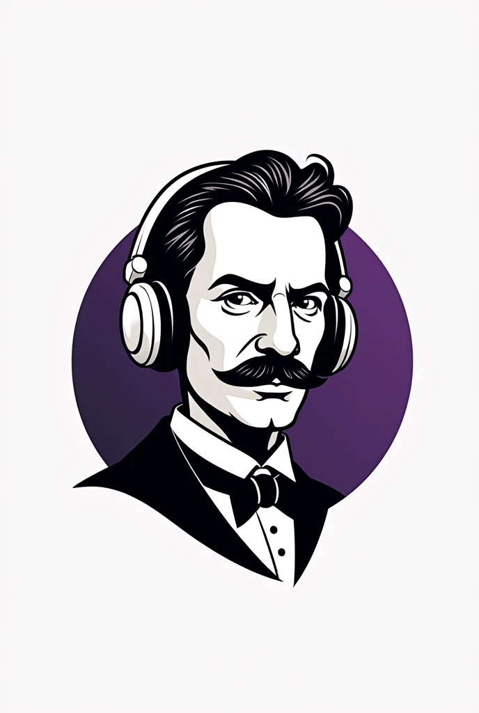 Create a logo for a bluetooth headphones brand with the name (I-Frinch) with a phototoon of the philosopher Friedrich Nietzsche with headphones with only lines, no colors, with black white and purple background