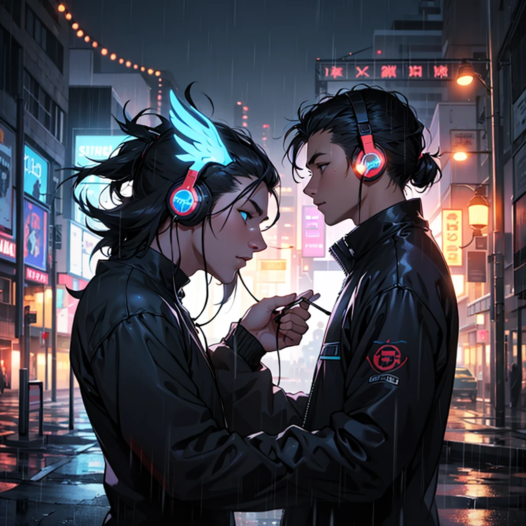 Create an avatar of a guy listening to music in the rain with a black background, side view