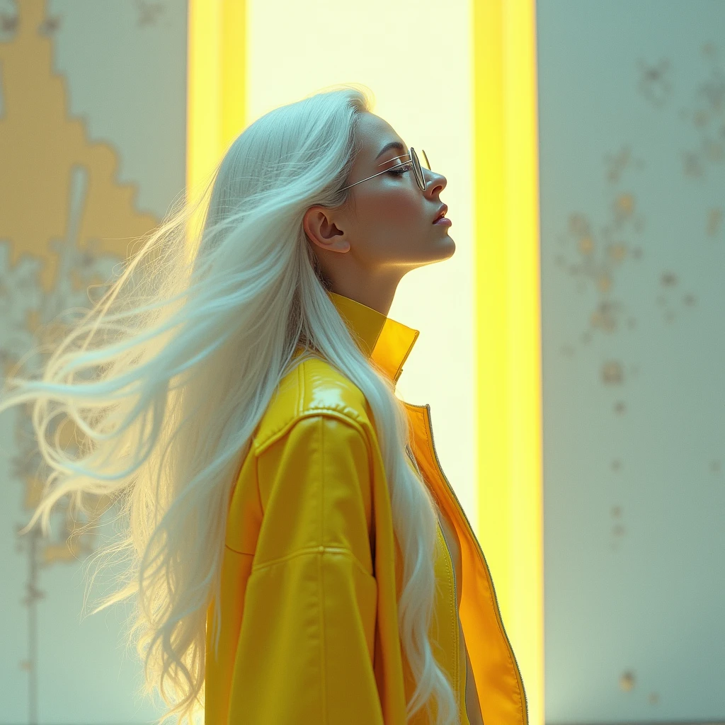 A woman with long white hair,Clothes with modern and structured cuts, lightweight fabrics with a soft sheen. Yellow can be present in bold details, like coats, glasses or metal accessories,Clean style with striking details, like a monochromatic yellow jacket or futuristic boots,Images that mix the real and the abstract, like human silhouettes wrapped in perfect geometries, scenarios that defy gravity or reality. Contemplative poses, eyes closed or looking into infinity, representing introspection,Include subtle textures that hint at scientific elements, like brain wave graphs, Molecules, and diagrams, but with an artistic and stylized approach,I want something iconic, a pop diva
