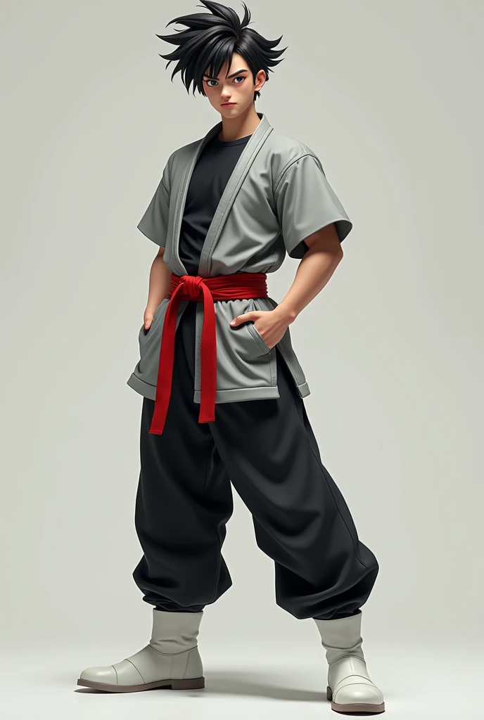 20 year old boy with pale white skin
European features
Good body Wearing a tight black shirt Long sleeves , over it a grey karate suit sleeveless, and red belt,
Black pants and white plain boots
Goku's hair stylized