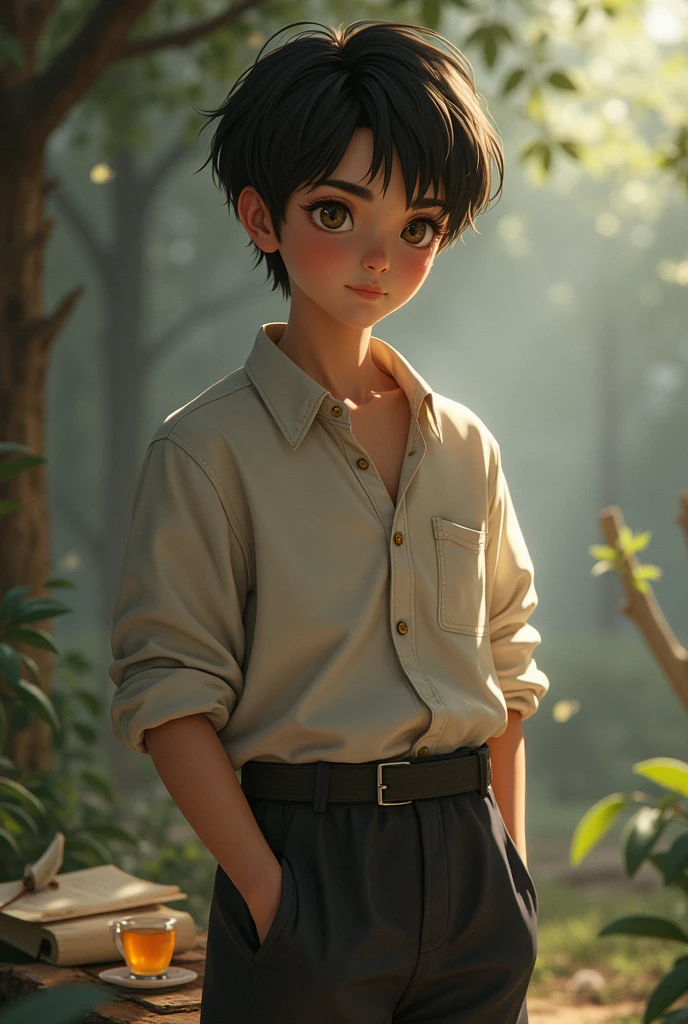 a 15 year old, light brown skin, brown eyes, short dark brown hair, a philosopher