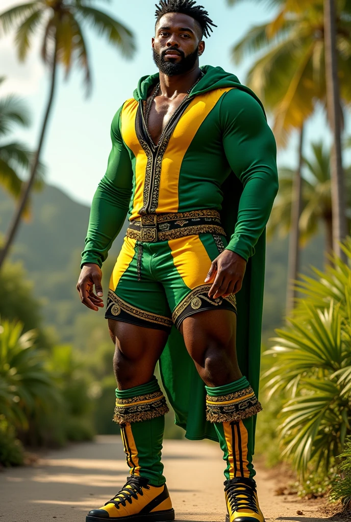 Jamaican inspired costume for men with the colors of the flag and full body 