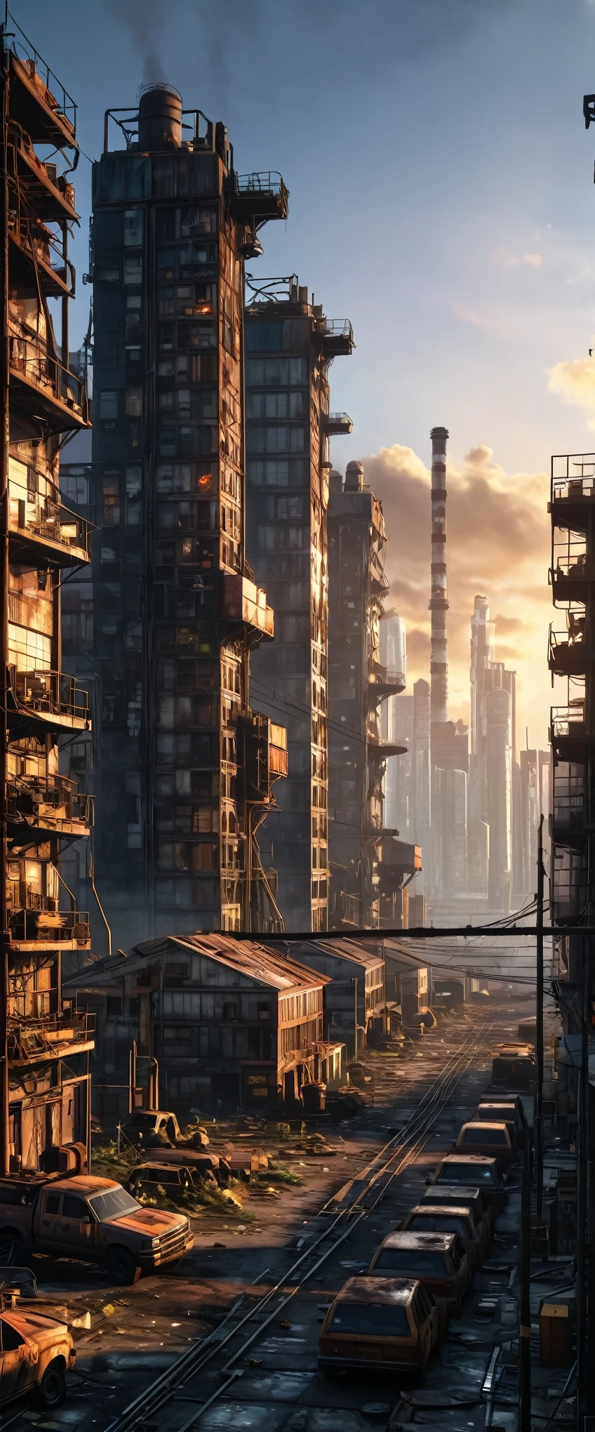 Sunset city, factories in foreground, skyscrapers, post apocalyptic, photorealistic, detailed, 8k uhd