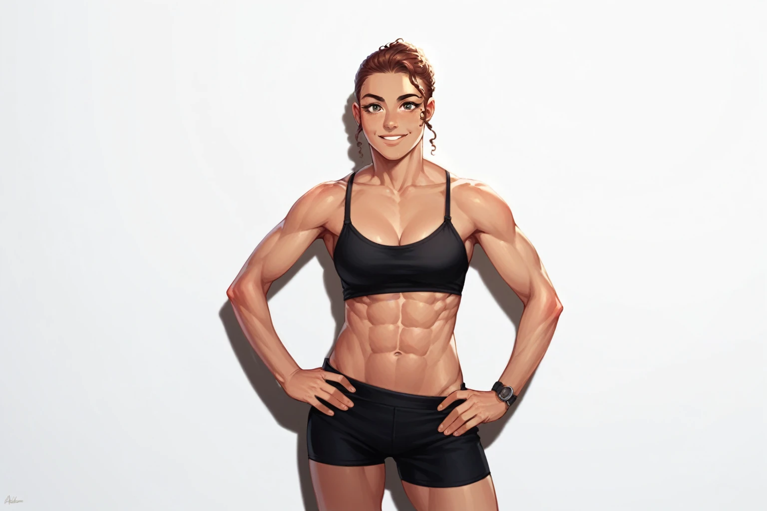 high resolution,naked young woman,skinny,Muscular, tall, abs,hazel eyes,red curly hair burgundy,tan skin,Beauty,cute,smile,Looking you,she shows her big muscles