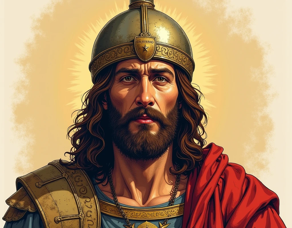 A Spanish conquistador from the past but with the face of Jesus and also wearing the typical Spanish medieval helmet, that it can be seen from the waist up, with illustration style like a drawing