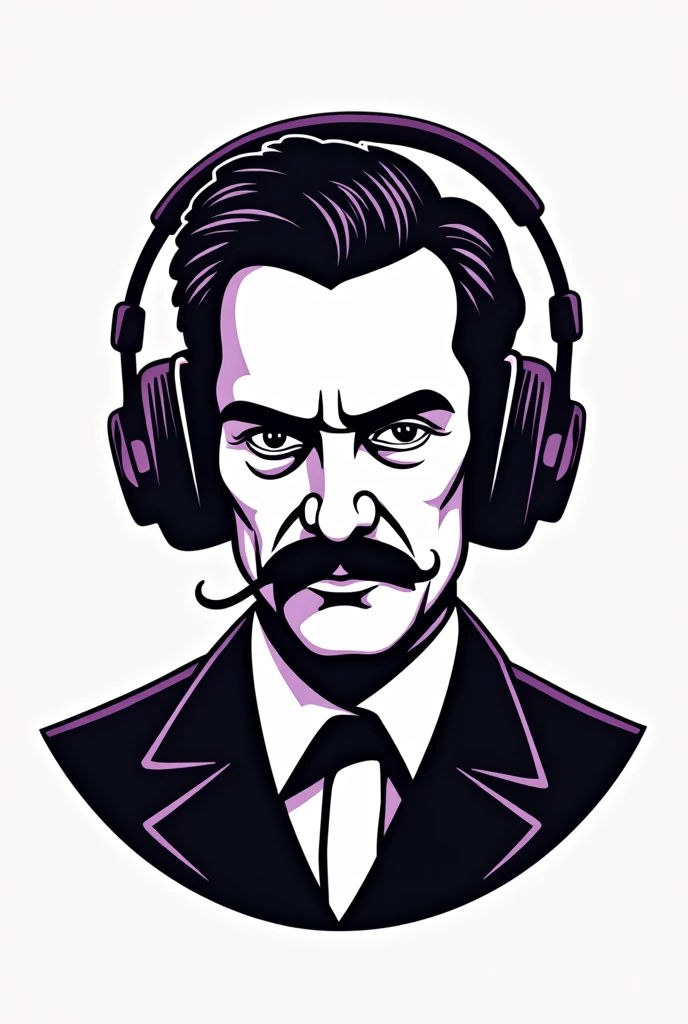 Create a logo for a bluetooth headphones brand with the name (I-Frinch) with a phototoon of the philosopher Friedrich Nietzsche with headphones with only lines, no colors, with black white and purple background
