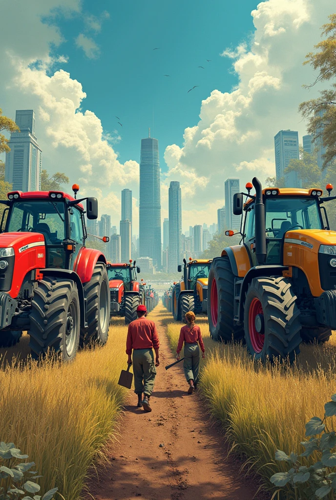 Make a drawing with a modern city with tractors on one side and workers working with hoe on the opposite side without tractors