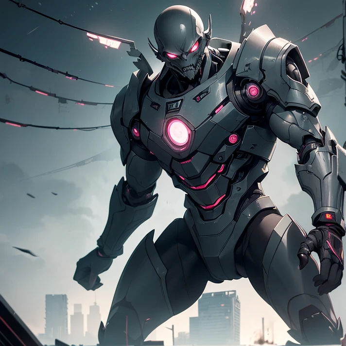 (masterpiece), (best high quality), (High resolution), (masterpiece), (anime style), (grimdark), (HD), (chaos), (simple background), (very detailed character,) ("Dead Spaceaesthetic")
{{male elder evil cyborg:(grey skin, bald head full of black cables, pink eyes, open sadistic smile full of metalic teeth),(blue biomechanic xenomorph body, grey biomechanic torax, biomechanic grey shoulders, sharped arms armor, fat hands with five cable fingers, biomechanic grey hips and legs, three tentacle tails with cyringes),(laughter evil pose, terrorist psychotic demeanor),(destroyed city on planet earth, desolated and lonely, green sky)}}