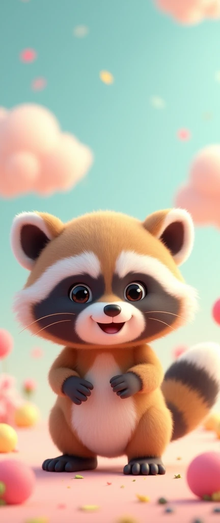 A 3D render of a kawaii baby raccoon, also known as a Kawai, with adorable fluffy fur and a playful expression. It is growling softly, emitting puffy, colorful blobs of energy that resemble happy smiles. The background is a pastel sky, creating a whimsical atmosphere. The image is designed as a poster-like photograph, perfect for decorating a child's room., photo, 3d render, poster