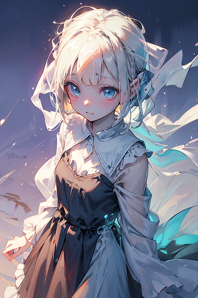 A cute ((ghost girl)) with a ((transparent body)), showcasing innocence and kindness, She wears a flowing dress that moves as if in a gentle breeze, surrounded by glowing elements like fireflies, The background features a misty forest or abandoned building with soft, diffused light, Emphasize high detail and ethereal atmosphere, inspired by various ghost child artworks.
