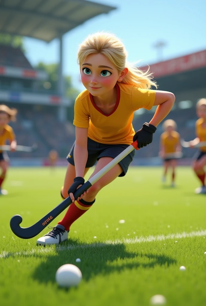 A 3D Disney Pixar-style animation image showing a field hockey player in a game about to pass, blond hair, Caucasian female
