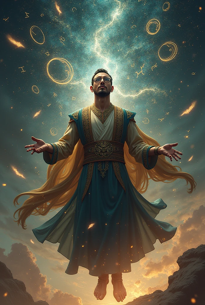 Fais moi un génie légendaire d'apparence jeune et orientale berbère large d'épaule, qui maîtrise les mathématiques et la science. Donne lui une apparence large d'épaules, des lunettes, un style oriental, il est en lévitation avec des formules mathématiques en chiffre et en lettres qui tournoient dans le vide autour de lui